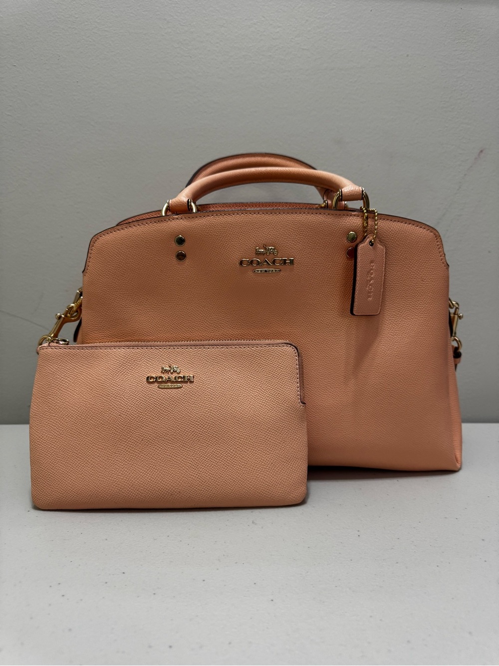 Coach Peach Pebbled Leather Satchel with Wristlet